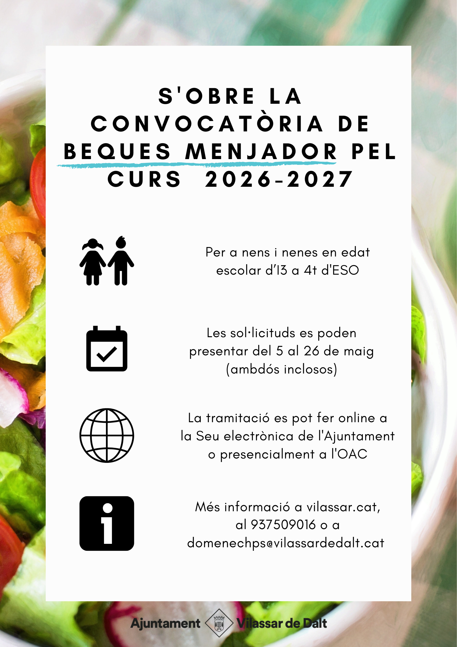 S'obre el per&iacute;ode per sol&middot;licitar les beques menjador pel curs 2026-2027